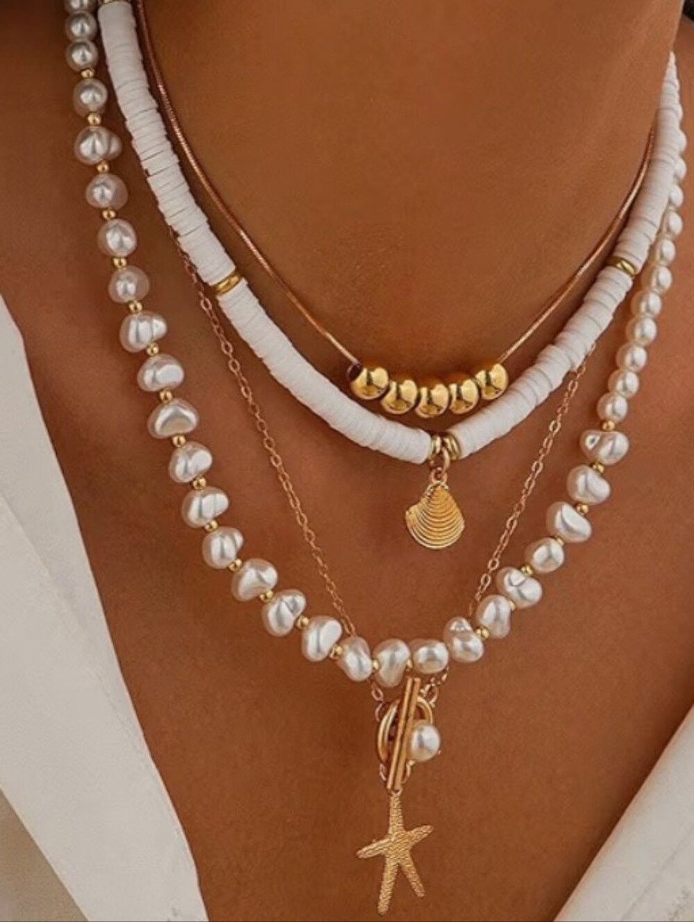 New Gold Starfish & Seashell Layered Necklace Set White Coastal Pearl Bead Choke
